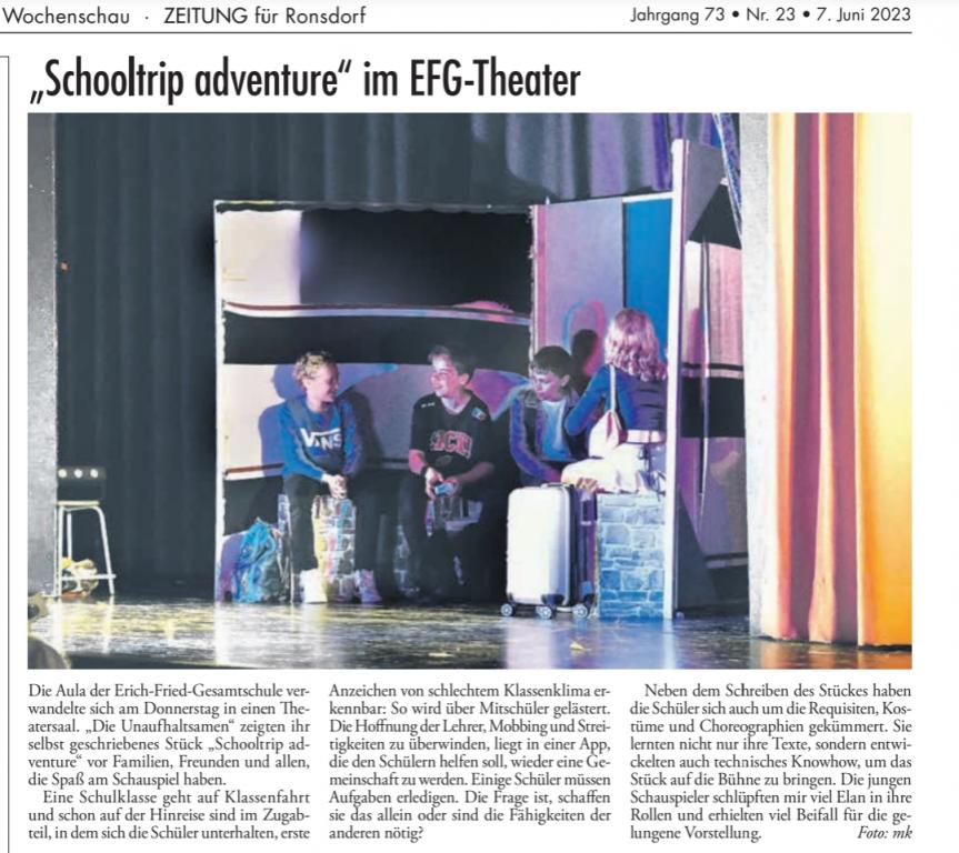 Aufführung Theaterklasse 6.5 - "Schooltrip adventure"