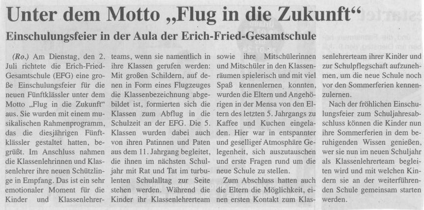 Einschulung 5. Jg 2024/25 "Flug in die Zukunft"